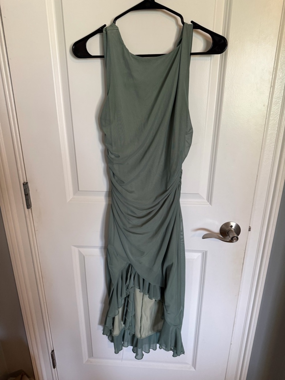 Amazon Sage Green Sleeveless High-Low Ruched Dress